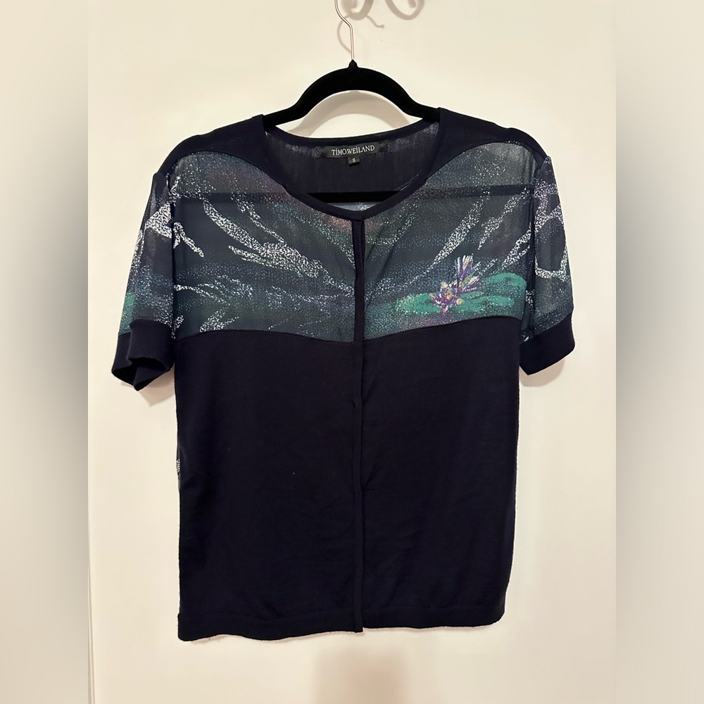 Timo Weiland navy wool and floral sheer snap-front cardigan - Size S